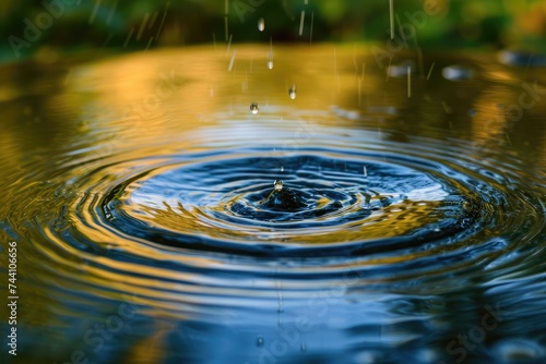 A clear droplet of water is captured at the moment it falls into a body of water, creating a small splash, Ripple patterns on water in macro view, AI Generated