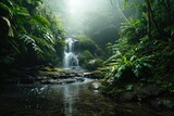 A small waterfall flows gently amidst a dense forest, creating a peaceful scene, River base waterfall in a thick rainforest, AI Generated