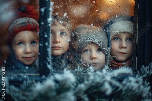 Three children, bundled up in winter coats, peer out of a window as snowflakes fall outside, Children peering out a frosted window on Christmas Eve, AI Generated