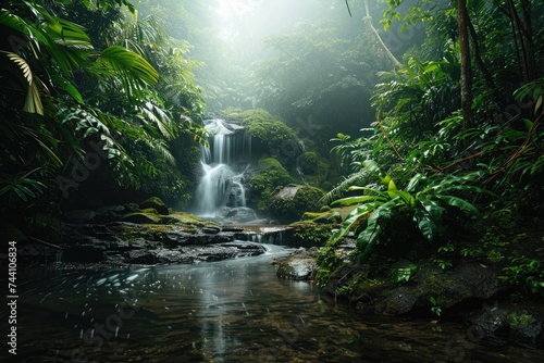 A small waterfall flows gently amidst a dense forest  creating a peaceful scene  River base waterfall in a thick rainforest  AI Generated