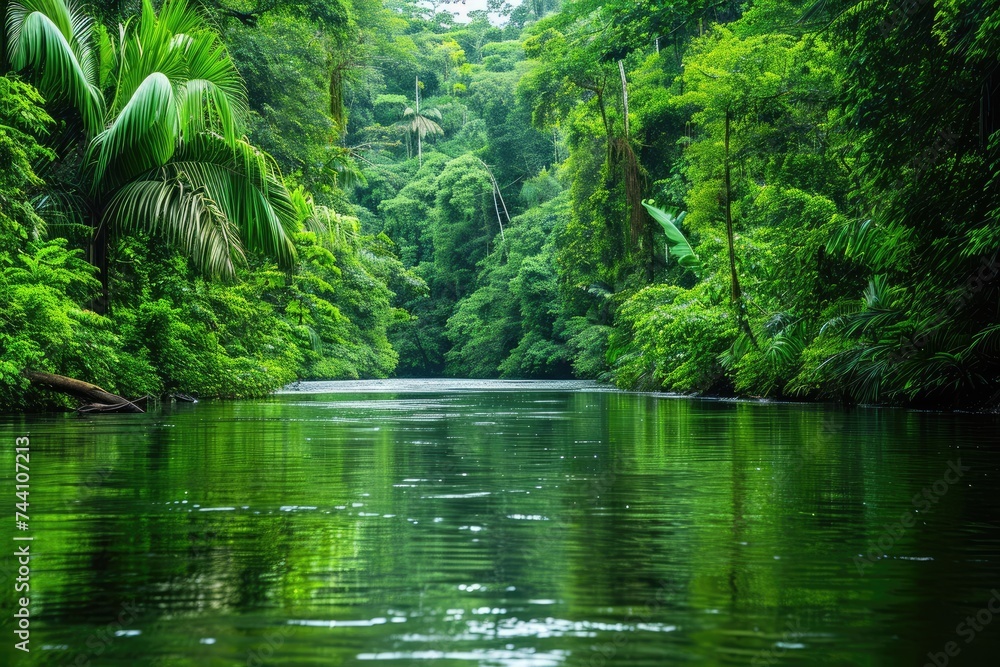 A beautiful body of water surrounded by a dense forest of vibrant green trees, River enveloped in the verdant beauty of a rainforest, AI Generated A beautiful body of water surrounded by a dense forest of vibrant green trees, River enveloped in the verdant beauty of a rainforest, AI Generated