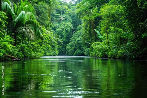 A beautiful body of water surrounded by a dense forest of vibrant green trees  River enveloped in the verdant beauty of a rainforest  AI Generated