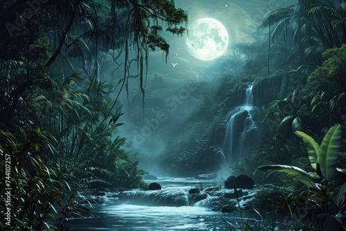 A mesmerizing photo of a river flowing through a dense green forest under the dazzling light of a full moon, River flowing beneath the canopy of a rainforest in moonlight, AI Generated