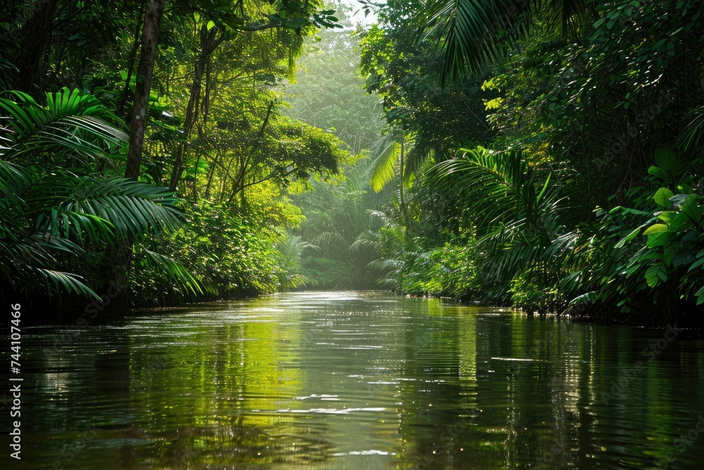 A wide river flows briskly through a dense and vibrant forest, surrounded by lush green trees and vegetation, River passage through the lush and dense rainforest, AI Generated A wide river flows briskly through a dense and vibrant forest, surrounded by lush green trees and vegetation, River passage through the lush and dense rainforest, AI Generated
