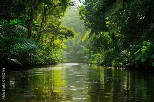 A wide river flows briskly through a dense and vibrant forest  surrounded by lush green trees and vegetation  River passage through the lush and dense rainforest  AI Generated