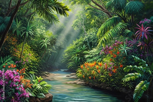 Painting of a Stream in a Tropical Forest, River in a rainforest with vibrant flora and fauna, AI Generated