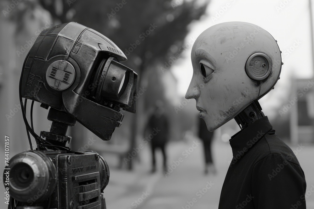 A person wearing a robot head stands beside a camera, Robotic creatures meeting humans for the first time, AI Generated - obrazy, fototapety, plakaty 