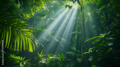 ropical rain forest landscape with sun rays emerging though the green tree branches