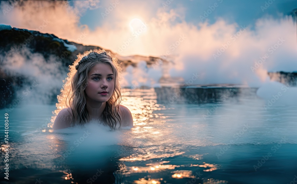 A beautiful blonde girl swims in a warm thermal spring. Scandinavian girl swims in the water in winter. Hot thermal springs.Steam and smoke in the background. Female portrait.