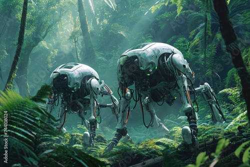 Two robots navigate their way through a lush green forest, amidst towering trees and vibrant foliage, Robotic wildlife in an alien forest, AI Generated