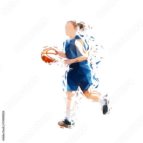 Young woman playing basketball. She runs and dribbles, low poly isolated vector illustration, geometric drawing. Female basketball logo