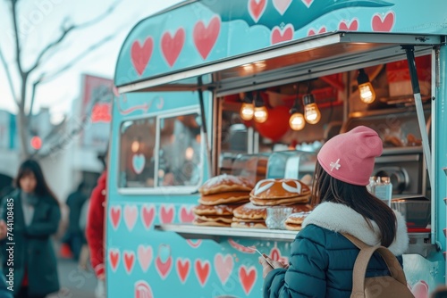 A woman stands confidently in front of a brightly colored food truck, holding a plate of delicious food, Romantic food truck selling heart-shaped pancakes, AI Generated