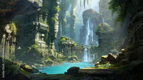 Mystic Ancient Ruins River - An enchanting view of ancient ruins with cascading waterfalls and serene river, a perfect blend of history and nature's beauty
