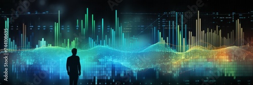 Dynamic Data Analytics Vision - A silhouetted figure stands before a vibrant display of statistical data graphs, reflecting a concept of analysis, trends, and futuristic insights into big data and ana