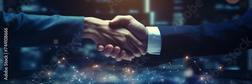 Corporate Handshake Network - Two professionals in suits shaking hands against a backdrop of a digital network, symbolizing partnership and connectivity