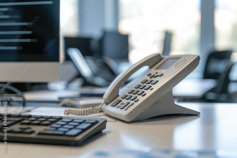 A photograph of a phone sitting on top of a desk next to a keyboard, Close-up image of an office phone on a sleek desk, AI Generated A photograph of a phone sitting on top of a desk next to a keyboard, Close-up image of an office phone on a sleek desk, AI Generated