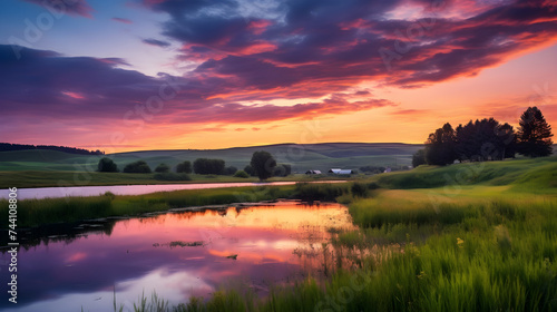 Breathtaking Sunset Over Countryside Meadow: A Symphony of Colors In An Enchanting Panoramic Landscape