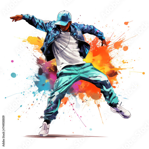 watercolor break dancing man with colorful spots and splashes on white background