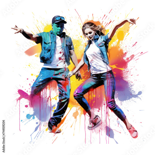 watercolor break dancing couple with colorful spots and splashes on white background