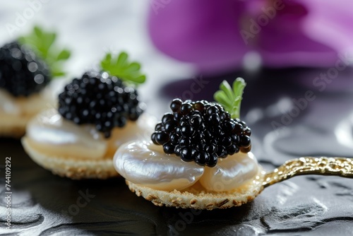 A close up shot showcasing a variety of meticulously prepared food items arranged on a wooden table, Royal Ossetra caviar on blinis with mother of pearl spoon, AI Generated