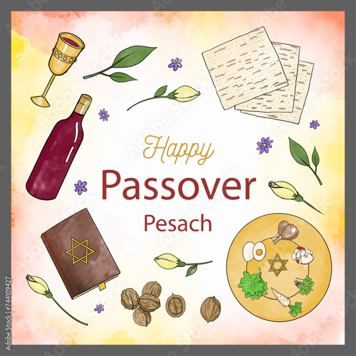 Happy passover poster pictogram with moses, pyramid, typographic font and element, flat design