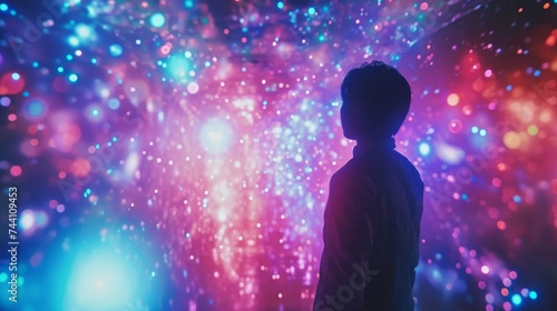 Young man standing in front of colorful bokeh lights