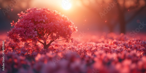 spring landscape with blossoming trees at sunrise