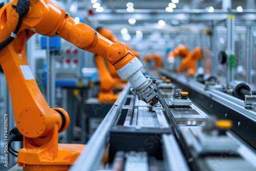 Robotic arms efficiently move along a conveyor belt in a factory, performing automated tasks with precision and speed, Close-up of robotic machinery in a production line, AI Generated