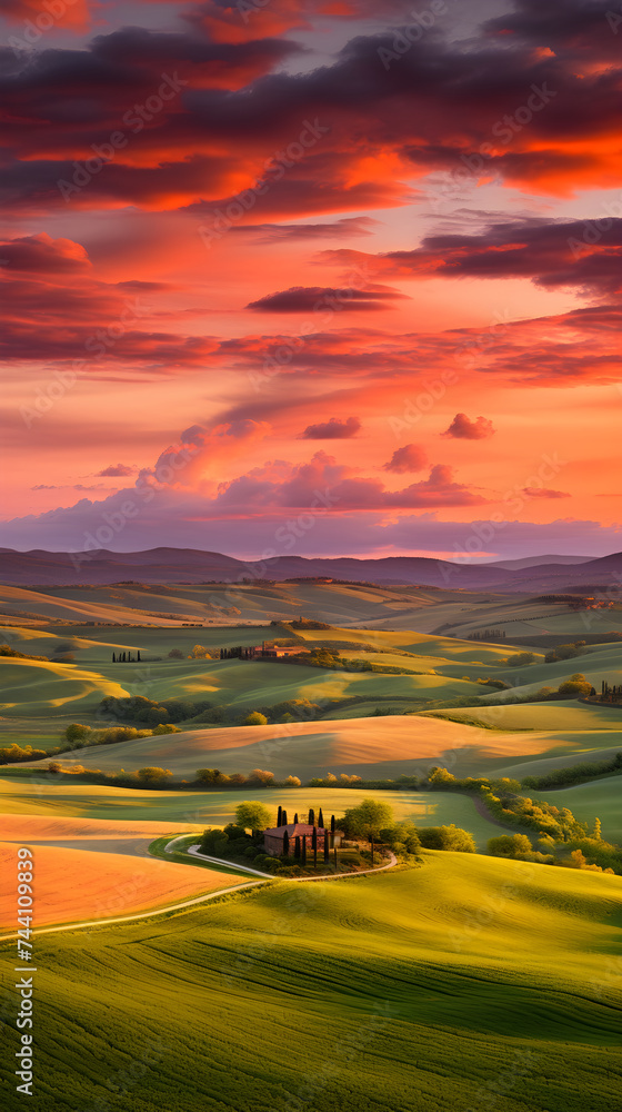Breathtaking Sunset Over Countryside Meadow: A Symphony of Colors In An Enchanting Panoramic Landscape