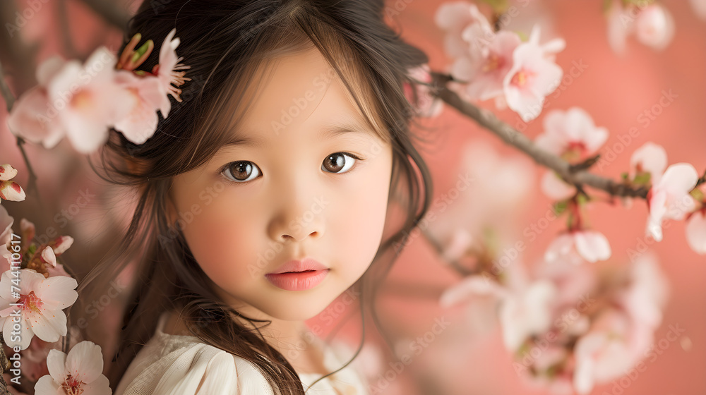 springtime studio portrait of young Asian girl with flowers springtime studio portrait of young Asian girl with flowers