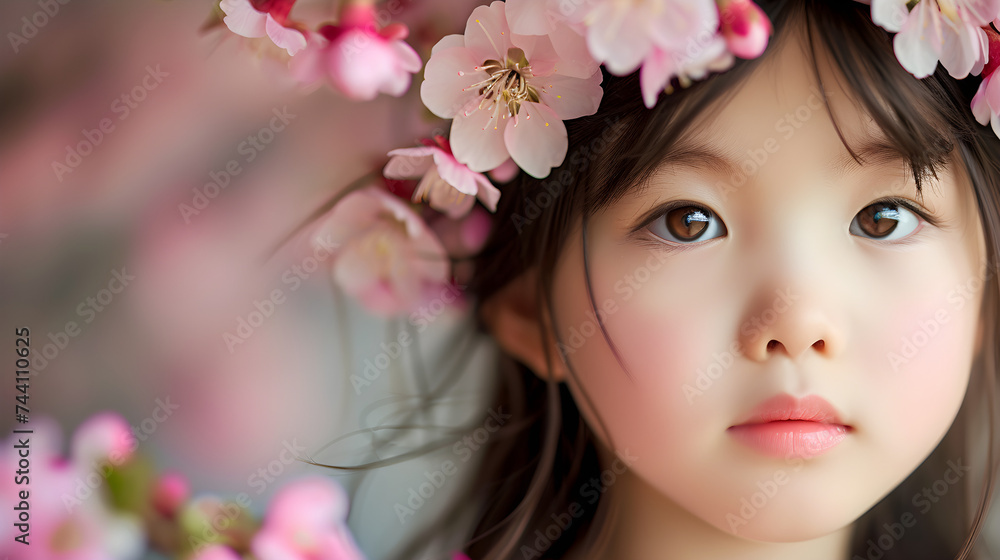 springtime studio portrait of young Asian girl with flowers springtime studio portrait of young Asian girl with flowers