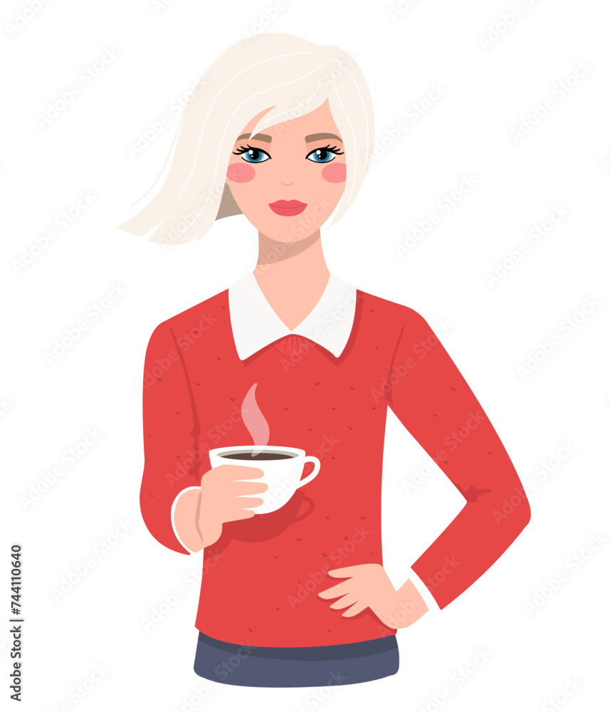 Blonde girl with a cup of coffee, breakfast, coffee break. Vector illustration. Blonde girl with a cup of coffee, breakfast, coffee break. Vector illustration.