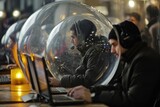 A man sitting on a chair in front of a laptop computer, working attentively, Computer users inside a fortified, protective bubble, AI Generated