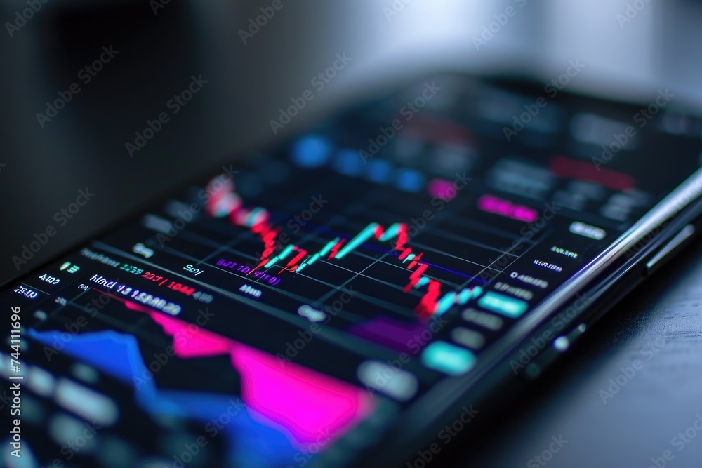 A detailed close-up view of a cell phone placed on a table in a well-lit room, Close-up shot of a buying/selling stocks application on a smartphone display, AI Generated - obrazy, fototapety, plakaty 