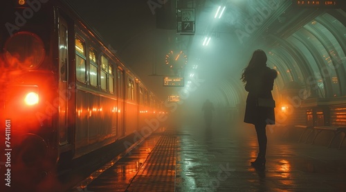 A solitary woman stands in the foggy train station, her figure illuminated by the streetlights as she waits for the arrival of the next train, the city lights reflecting off the wet ground and electr photo
