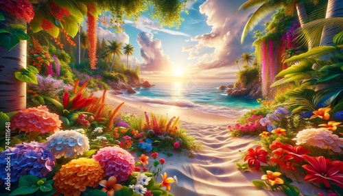 summer on the beach background merge in a tropical, tv art, wall art, adorned with vacation festive holiday photo
