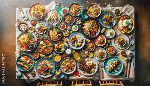 Professional top-down view of a colorful and diverse spread of international dishes, including Asian, European, Middle Eastern, and American cuisine, presented on an eclectic dining table