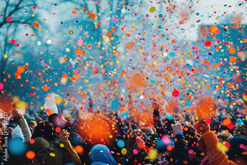 A sizable crowd of individuals standing together in the foreground, facing a larger gathering of people in the background, Colorful confetti falling over a joyful crowd, AI Generated