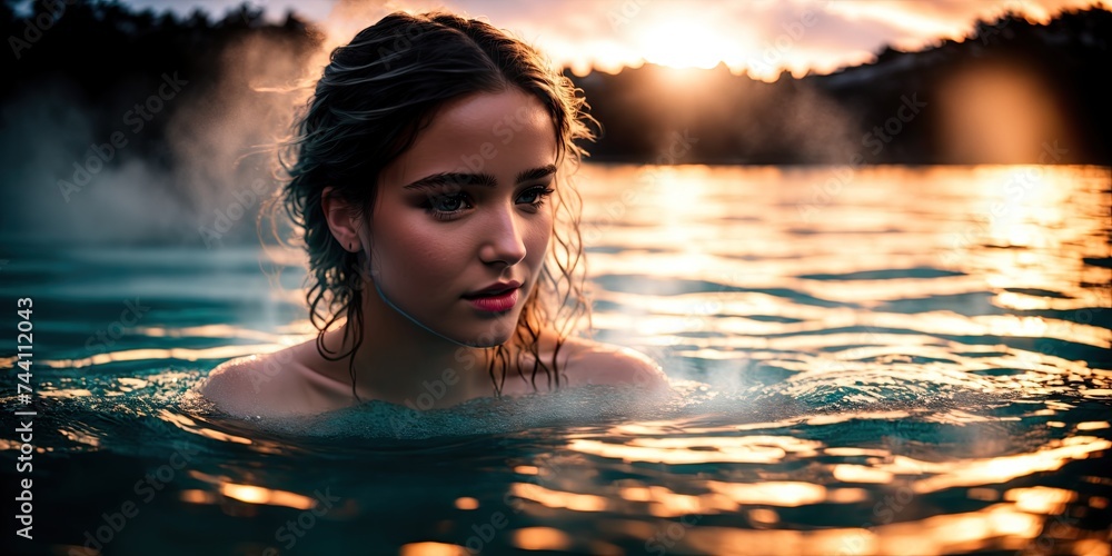 A beautiful brunette girl swims in a warm thermal spring. A European girl swims in the water in winter. Hot thermal springs. Winter landscape. Female portrait. - obrazy, fototapety, plakaty 