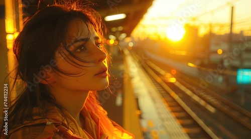 A young woman gazes at the sun, her face radiant with a smile as she stands on the train tracks, dressed in vibrant yellow clothing, soaking in the warmth of the outdoors