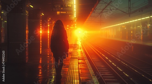 As the train roared by on the tracks, the lone figure stood on the outdoor platform, bathed in the warm glow of the lights, feeling the electricity in the air on this dark night
