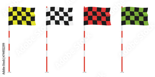 Golf checkered flag waving on a flagpole, colorful vector set isolated on a white background.