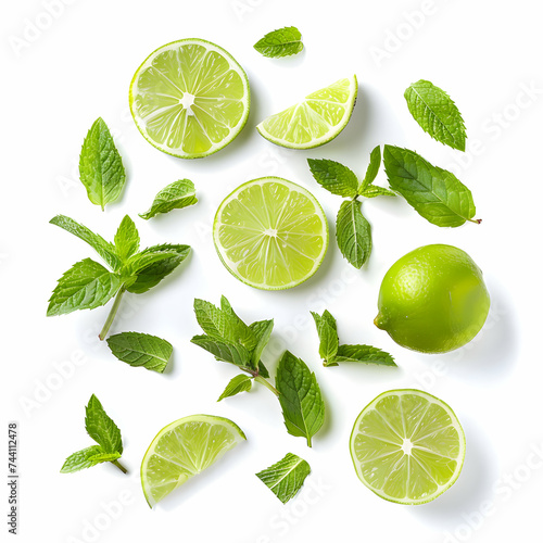 Fresh lime slices and mint leaves, isolated on white background © 성환 이