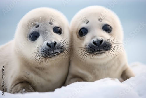 Baby Seals on Snowy Backdrop - Two baby seals with innocent eyes rest on a snowy terrain, showcasing the beauty of Arctic wildlife.