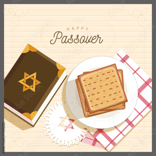 Happy passover poster pictogram with moses, pyramid, typographic font and element, flat design