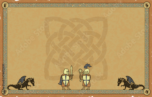 Medieval Parchment with Knights, Dragons, Elaborate Celtic Knot