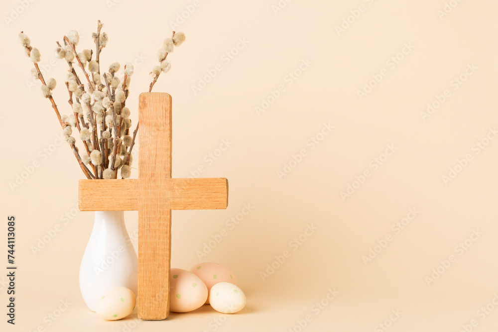 Easter eggs with cross on color background Easter eggs with cross on color background