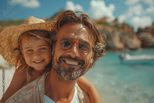 A father and his daughter bask in the warm summer sun, the man's smile mirroring his child's as they both wear stylish sun hats while enjoying a relaxing beach vacation by the glistening water under 