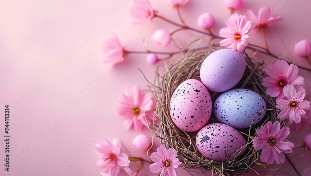 A beautiful purple aerie, adorned with easter eggs and delicate flowers, cradles new life within its protective nest