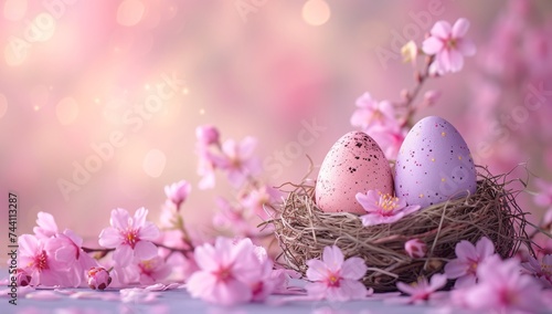 A delicate duo of eggs nestled among vibrant pink blossoms, a serene scene of spring's renewal and the ephemeral beauty of sakura in full bloom